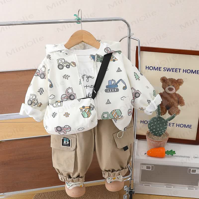 Baby Toddler Boy Construction Print Hooded and Cargo 3-piece Set with Bag - Beige - 4-5T - image 3