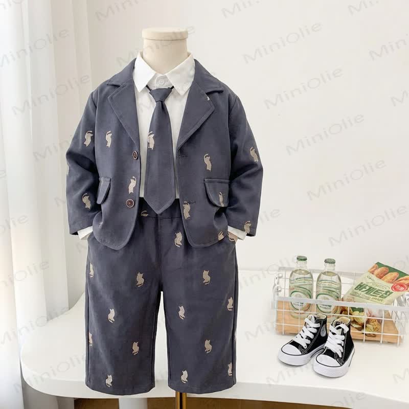 Toddler Boy Embroidered Cat Blazer Shirt Tie Pants 3-piece Set - image 1