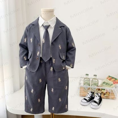 Toddler Boy Embroidered Cat Blazer Shirt Tie Pants 3-piece Set - image 1