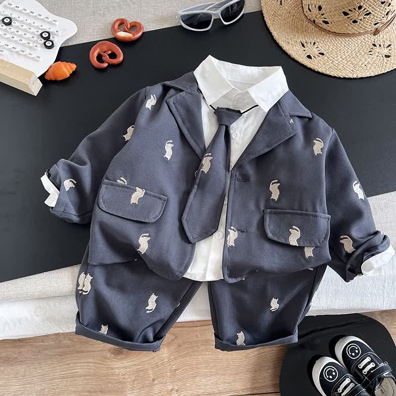 Toddler Boy Embroidered Cat Blazer Shirt Tie Pants 3-piece Set - Gray - 4-5T - image 2