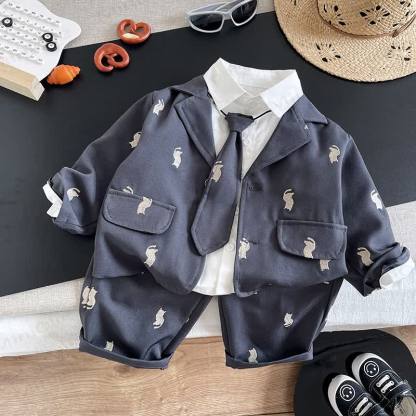 Toddler Boy Embroidered Cat Blazer Shirt Tie Pants 3-piece Set - Gray - 4-5T - image 2