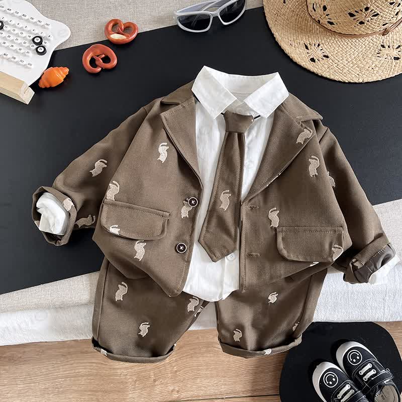 Toddler Boy Embroidered Cat Blazer Shirt Tie Pants 3-piece Set - Brown - 4-5T - image 3