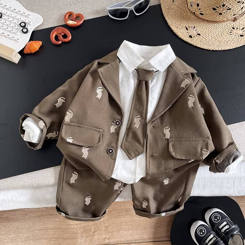 Toddler Boy Embroidered Cat Blazer Shirt Tie Pants 3-piece Set - Brown - 4-5T - image 3