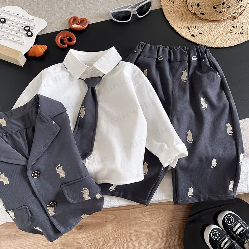 Toddler Boy Embroidered Cat Blazer Shirt Tie Pants 3-piece Set - image 5