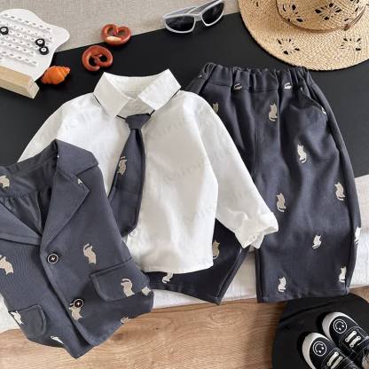Toddler Boy Embroidered Cat Blazer Shirt Tie Pants 3-piece Set - image 5