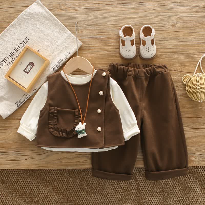 Baby Toddler Girl Bunny Charm Vest 3-piece Set - Brown - 6-7T - image 3