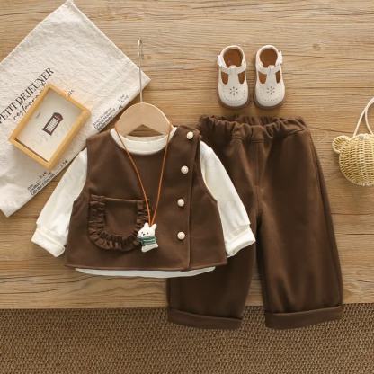 Baby Toddler Girl Bunny Charm Vest 3-piece Set - Brown - 6-7T - image 3
