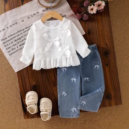 Baby Girl White Bow Lace Knit Top and Denim Pants 2-piece Set - White - 2-3Y - image 1
