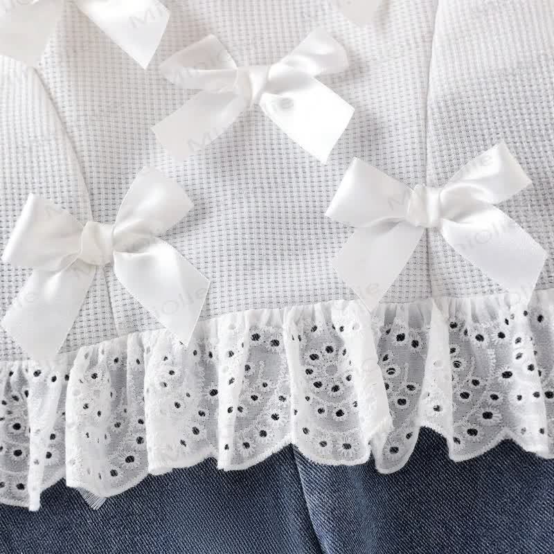 Baby Girl White Bow Lace Knit Top and Denim Pants 2-piece Set - image 5