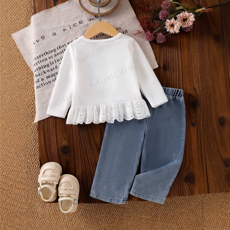 Baby Girl White Bow Lace Knit Top and Denim Pants 2-piece Set - image 2