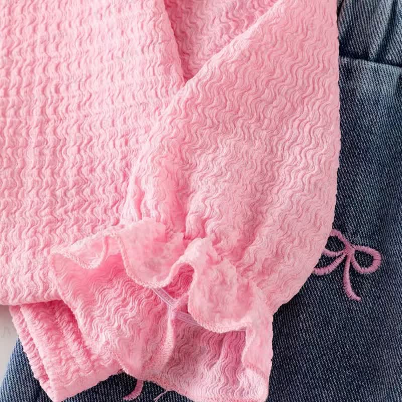 Toddler Girl Pink Ruffle Sleeve Top and Denim Pants 2-piece Set - image 5