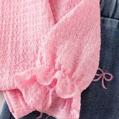 Toddler Girl Pink Ruffle Sleeve Top and Denim Pants 2-piece Set - image 5