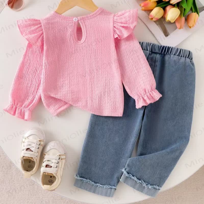 Toddler Girl Pink Ruffle Sleeve Top and Denim Pants 2-piece Set - image 2