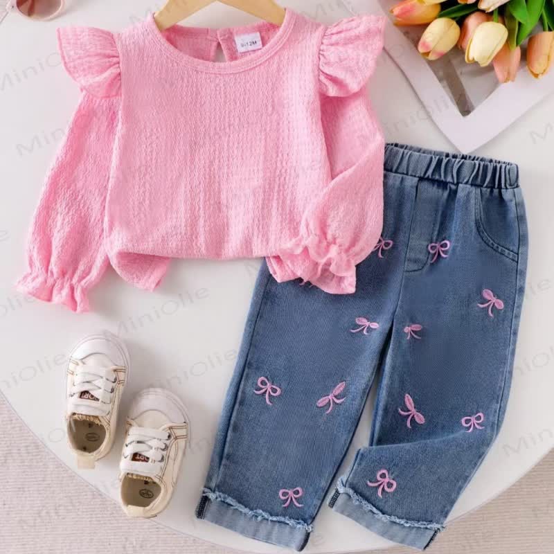 Toddler Girl Pink Ruffle Sleeve Top and Denim Pants 2-piece Set - Pink - 7Y - image 1