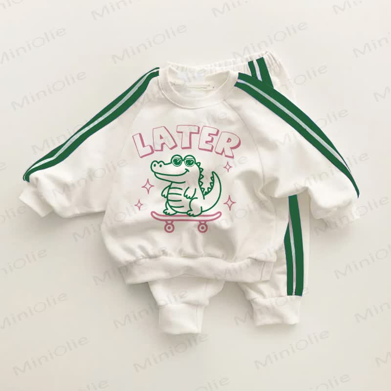LATER Baby Toddler Dinosaur Green Striped 2-piece Set - White&Green - 3-5T - image 1
