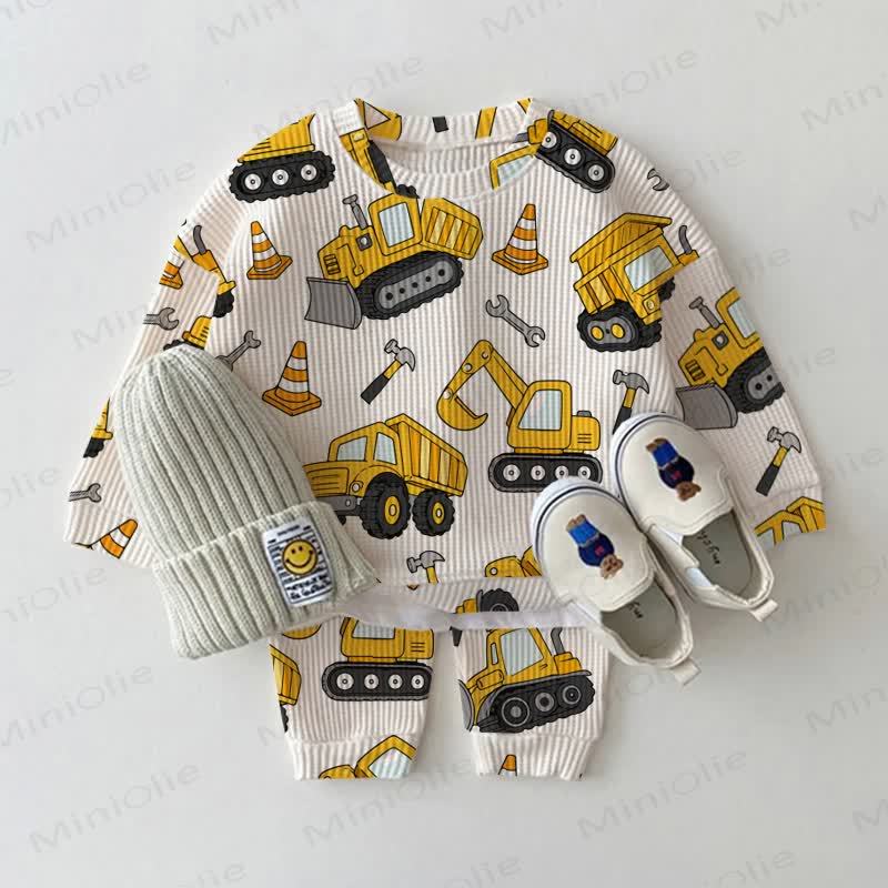 Baby White Construction Vehicle Print Waffle 2-piece Set - White - 2-3T - image 1