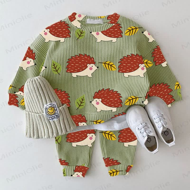 Baby Green Cartoon Hedgehog Print Waffle 2-piece Set - Green - 2-3T - image 1