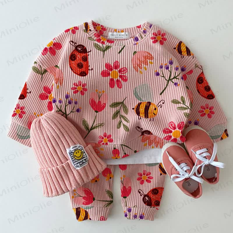 Baby Pink Flower and Insect Print Waffle 2-piece Set - Pink - 2-3T - image 1