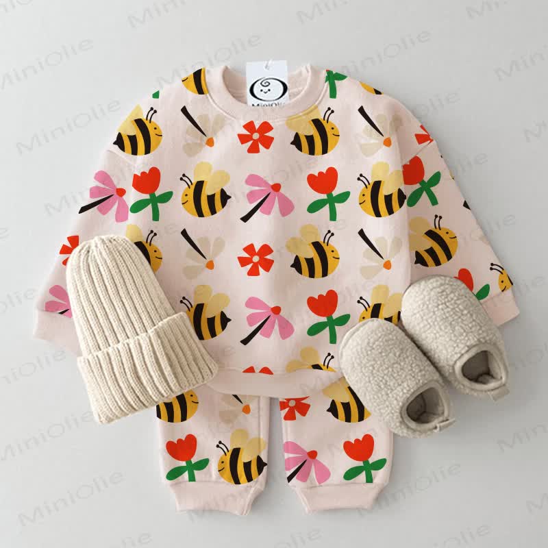 Baby Beige Flower and Bee Print Sweatshirt 2-piece Set - Beige - 3-5T - image 1