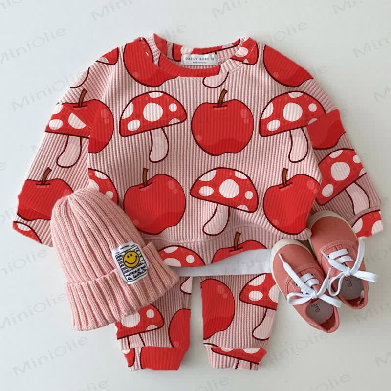 Baby Pink Apple and Mushroom Print Waffle 2-piece Set - Pink - 2-3T - image 1