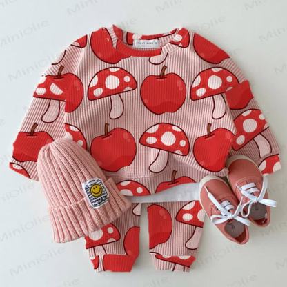 Baby Pink Apple and Mushroom Print Waffle 2-piece Set - Pink - 2-3T - image 1