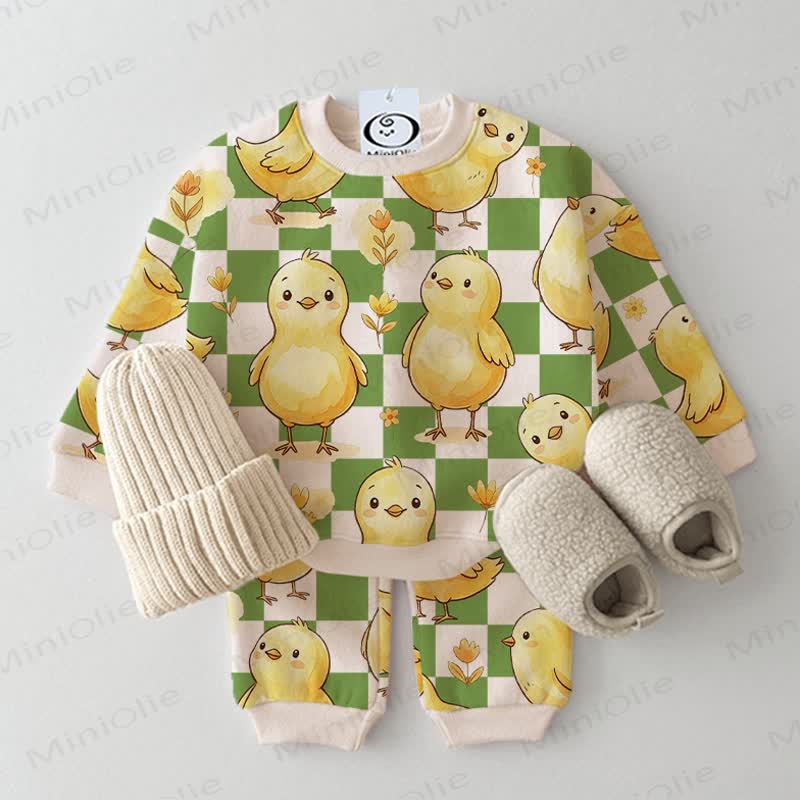 Baby Beige Plaid Chick Print Sweatshirt 2-piece Set - Beige - 3-5T - image 1