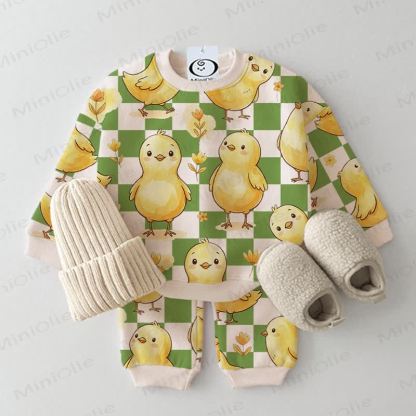 Baby Beige Plaid Chick Print Sweatshirt 2-piece Set - Beige - 3-5T - image 1