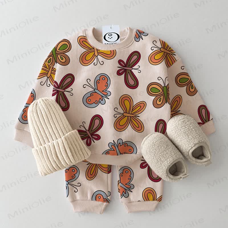 Baby Beige Butterfly Print Sweatshirt 2-piece Set - Beige - 3-5T - image 1