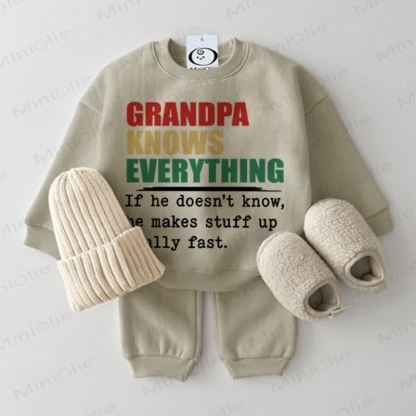 GRANDPA KNOWS EVERYTHING IF HE DOESN'T KNOW, HE MAKES STUFF UP REALLY FAST. Baby Sweatshirt 2-piece Grey Green Set - Grey Green - 2-3T - image 1