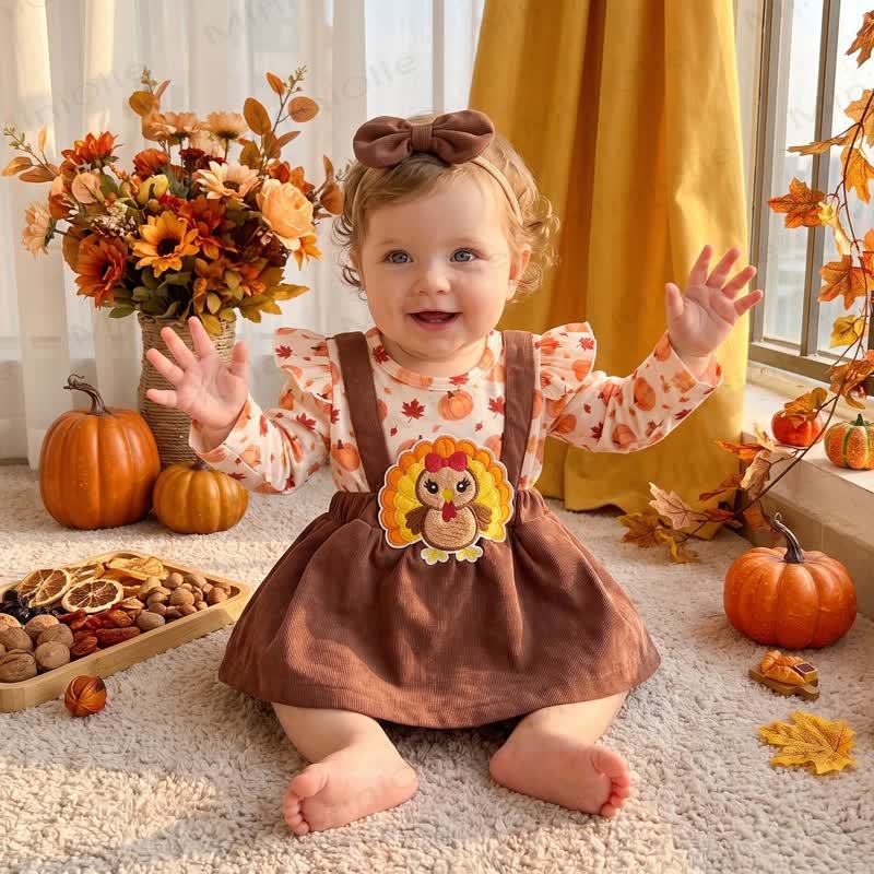 Baby Pumpkin Turky Corduroy Suspender Bodysuit with Headband - image 11