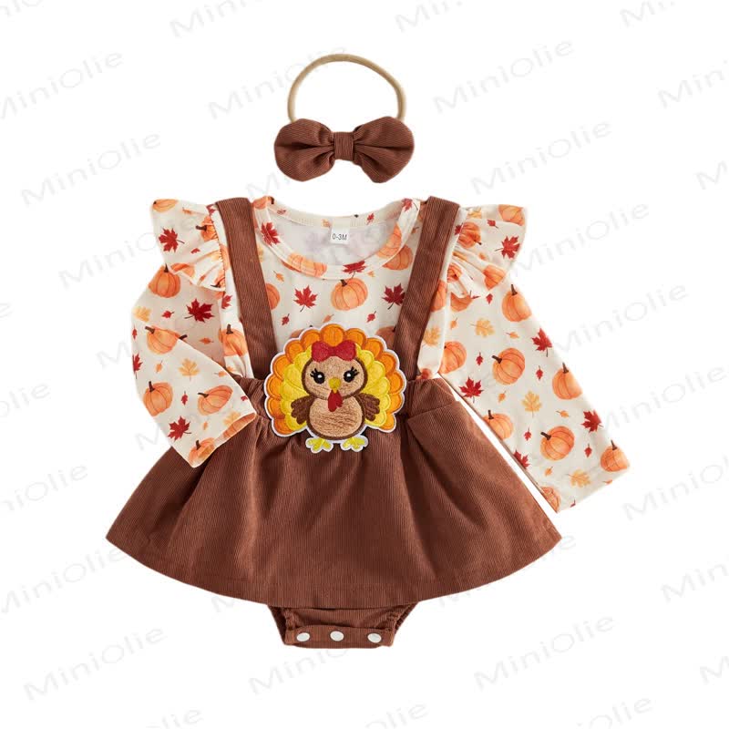 Baby Pumpkin Turky Corduroy Suspender Bodysuit with Headband - image 9