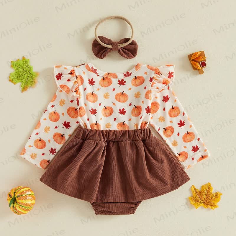 Baby Pumpkin Turky Corduroy Suspender Bodysuit with Headband - image 3