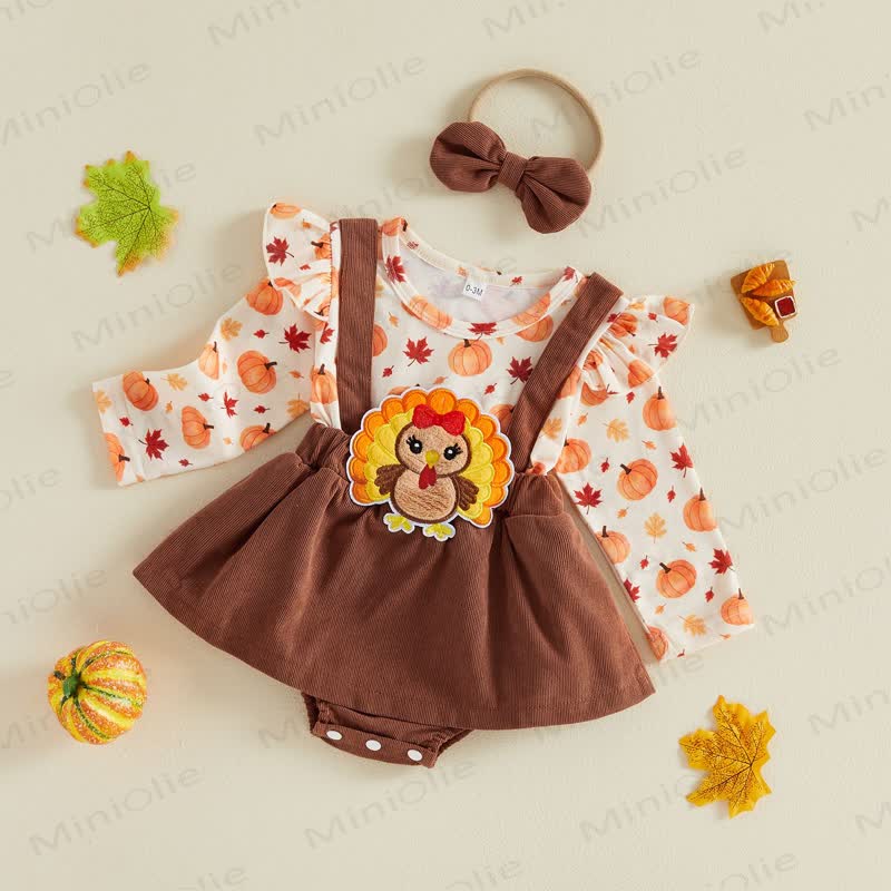 Baby Pumpkin Turky Corduroy Suspender Bodysuit with Headband - image 2