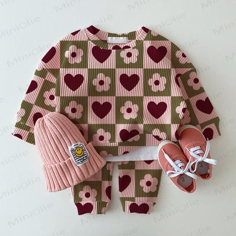 Baby Heart Flower Checkerboard Waffle Sweartshit and Pants 2-piece Set - Pink - 2-3T - image 1