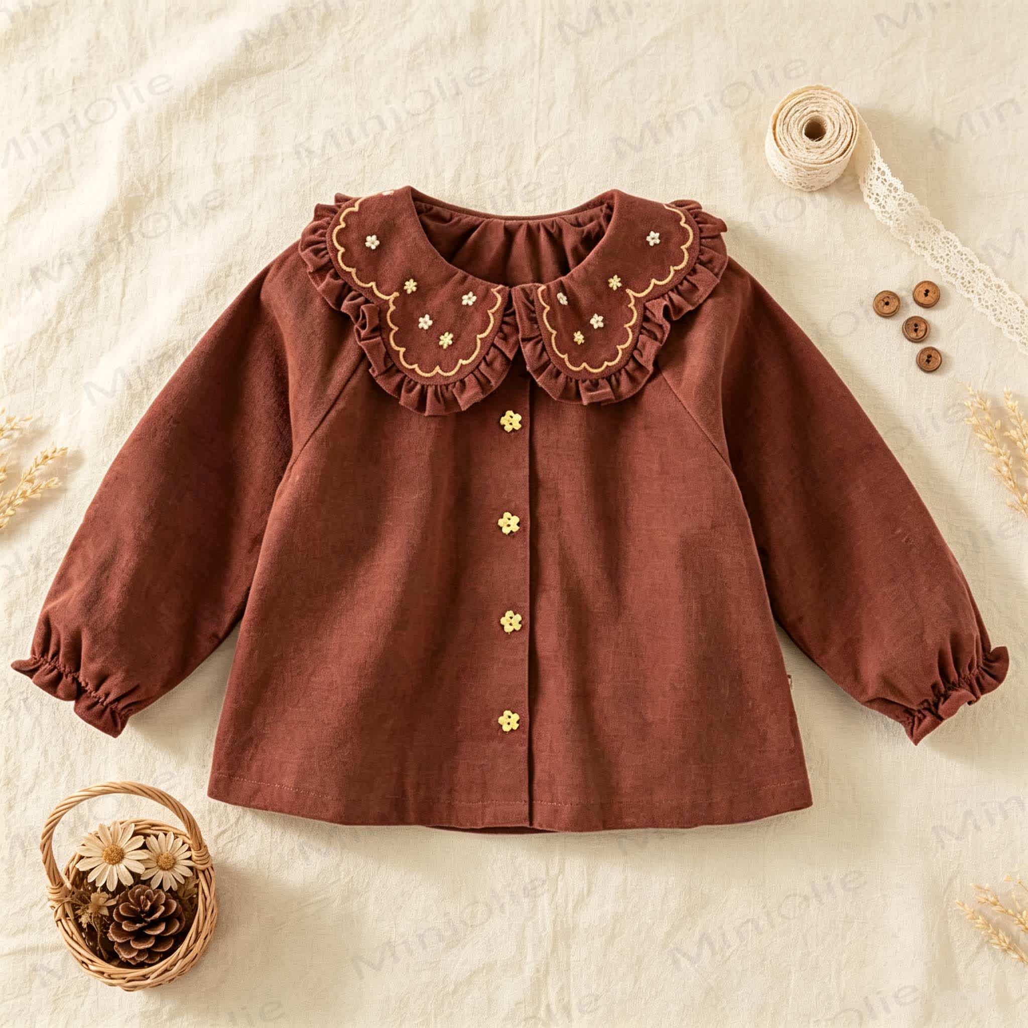 Baby Girls Floral Embroidery Ruffle Long Sleeve Sweatshirt - Brown - 2-3T - image 1