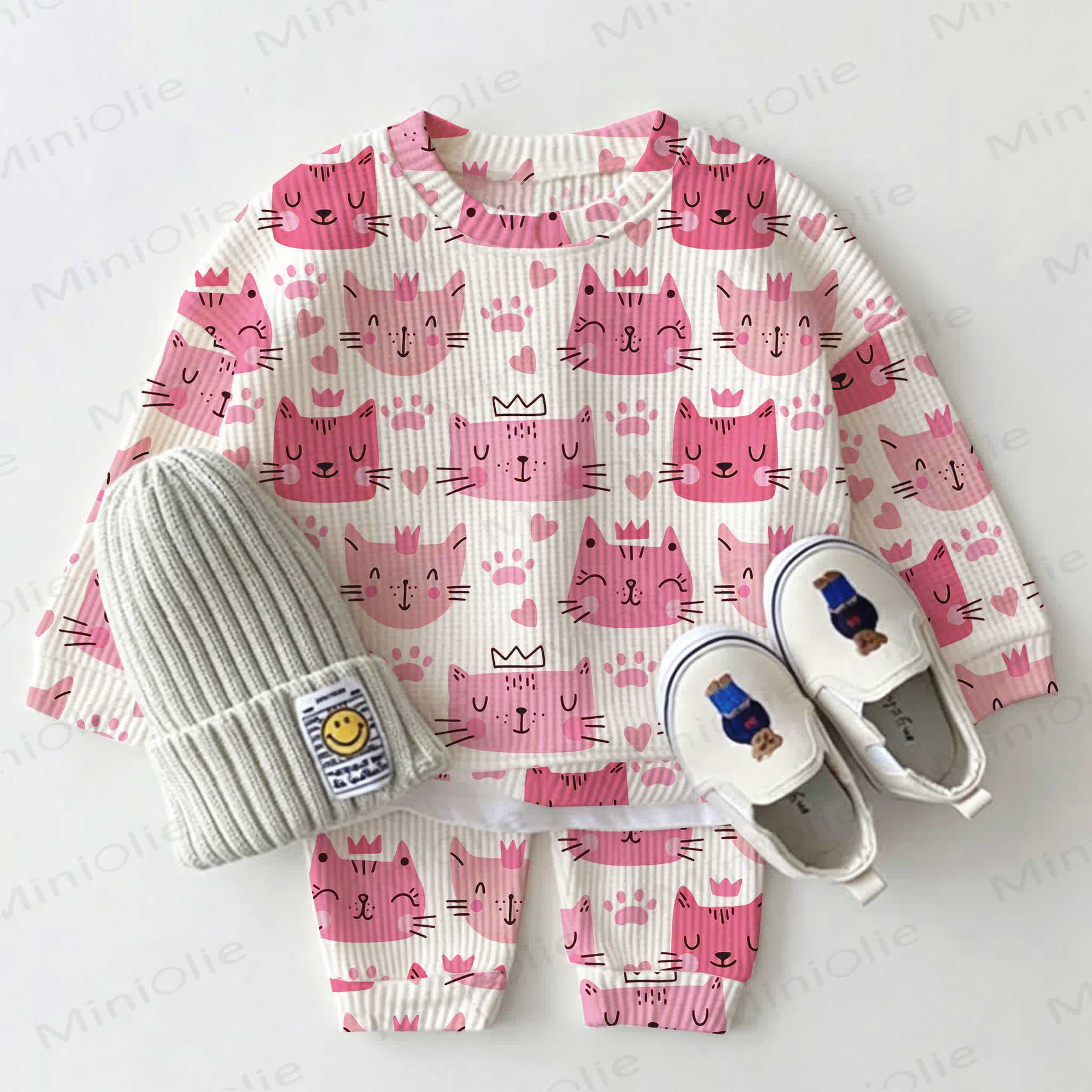 Baby Pink Crown Cat Print Waffle 2-piece Set - White - 2-3T - image 1
