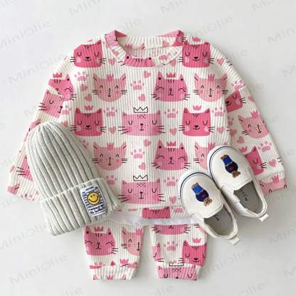 Baby Pink Crown Cat Print Waffle 2-piece Set - White - 2-3T - image 1
