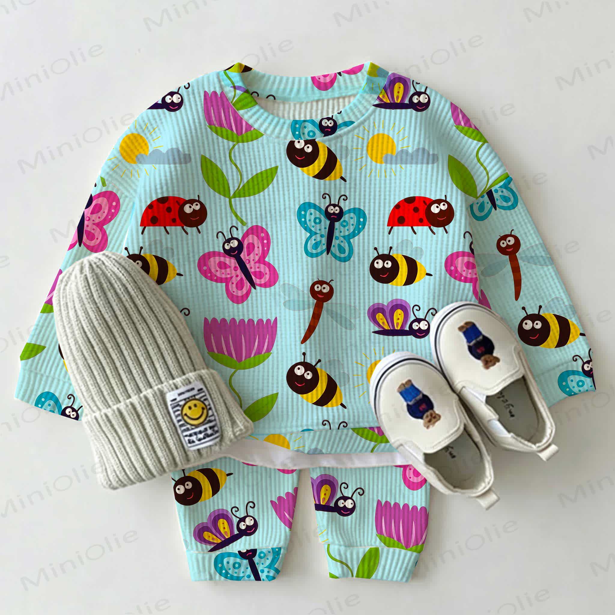 Baby Green Butterfly Bee Flower Print Waffle 2-piece Set - Green - 2-3T - image 1