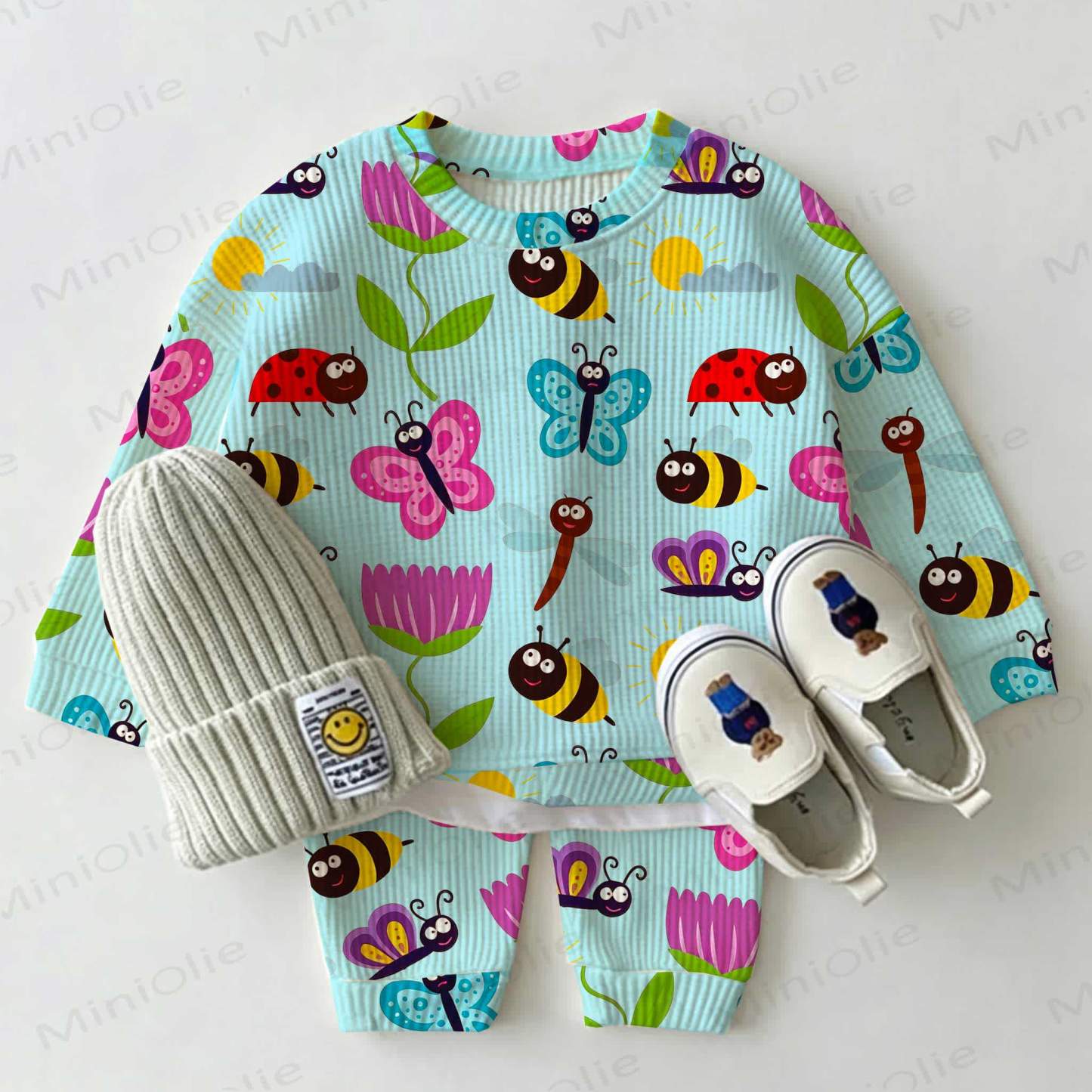 Baby Green Butterfly Bee Flower Print Waffle 2-piece Set - Green - 2-3T - image 1