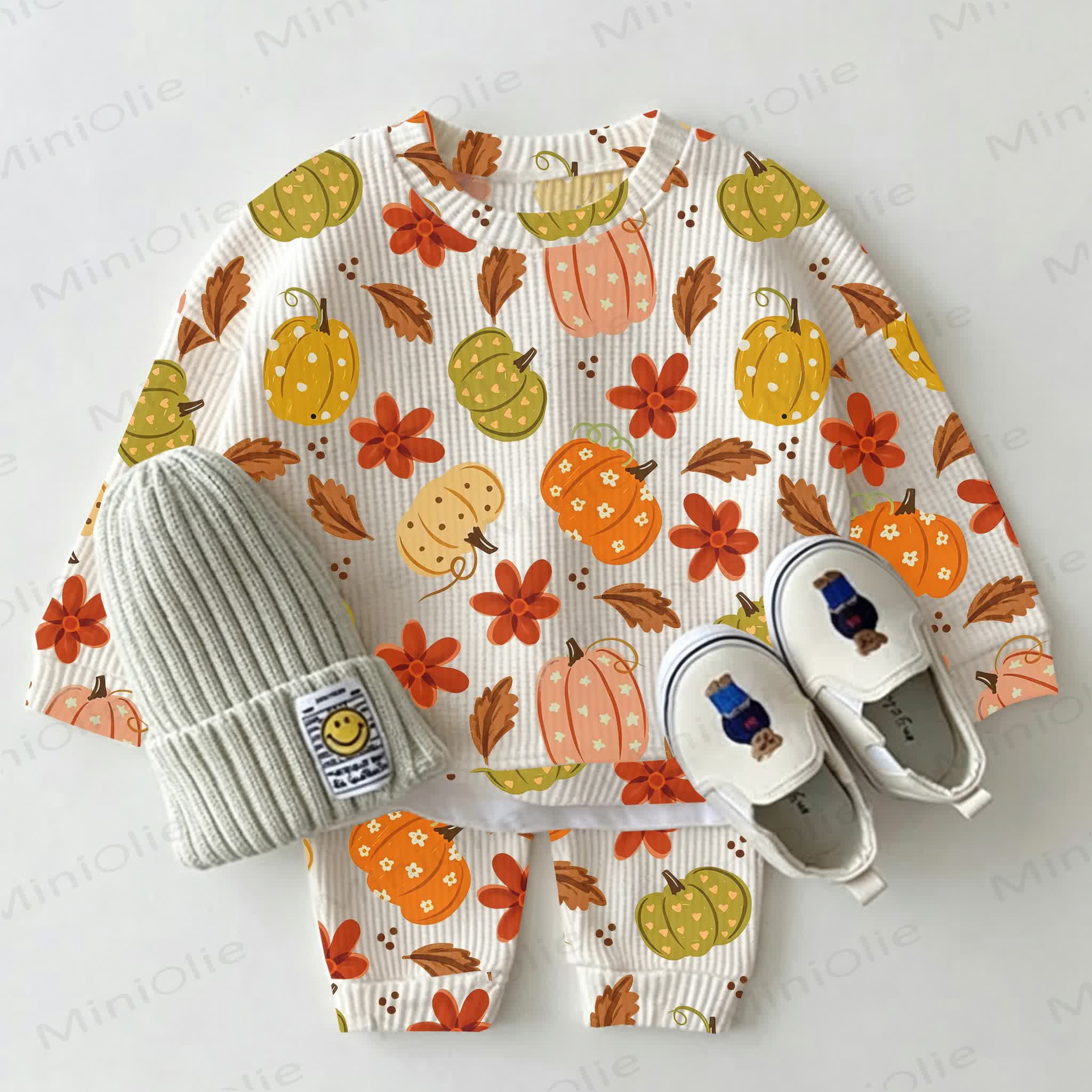 Baby Pumpkin Leaf Floral Print Waffle 2-piece Set - White - 2-3T - image 1
