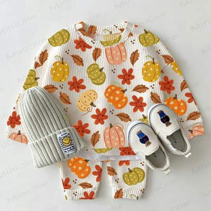 Baby Pumpkin Leaf Floral Print Waffle 2-piece Set - White - 2-3T - image 1