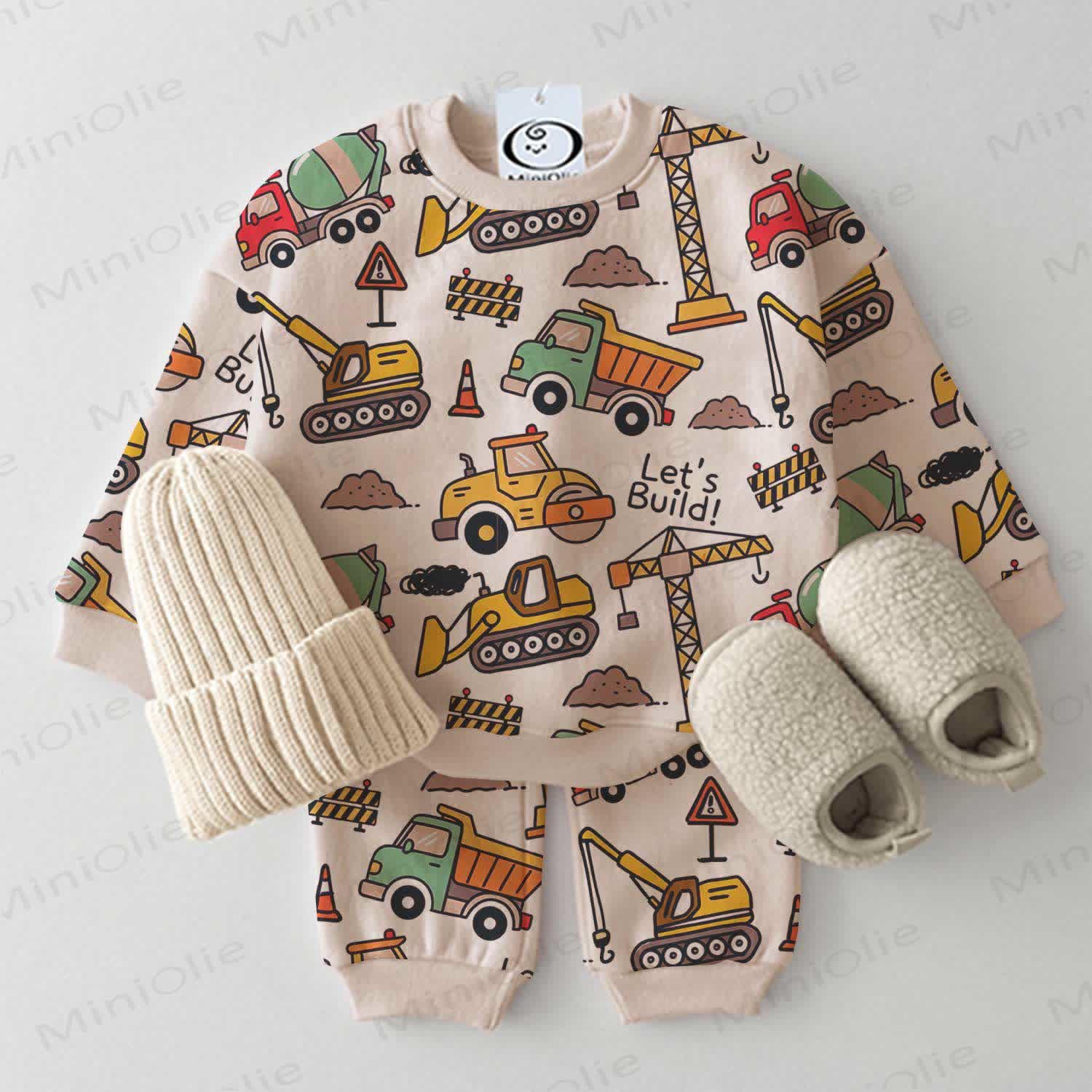 LET'S BUILD! Baby Construction Vehicle Print 2-piece Set - Beige - 3-5T - image 1