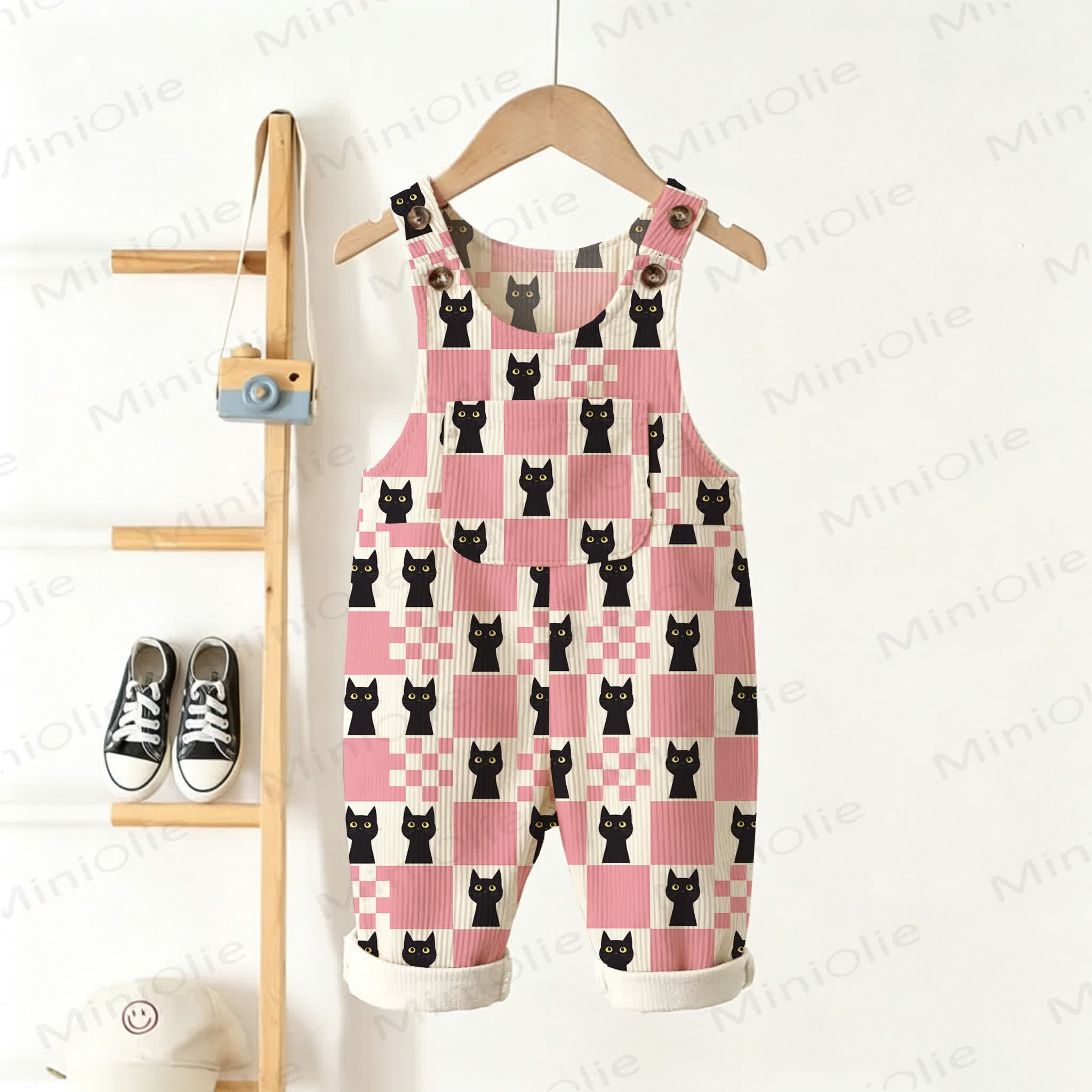 Baby Toddler Black Cat Checkerboard Print Beige Overalls - Beige - 3-5T - image 1