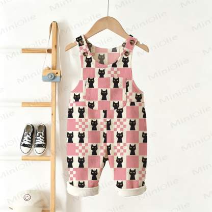 Baby Toddler Black Cat Checkerboard Print Beige Overalls - Beige - 3-5T - image 1