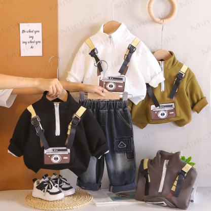 Toddler Boy Cartoon Camera Print Half Zip Sweatshirt and Denim Pants 2-piece Set - image 1