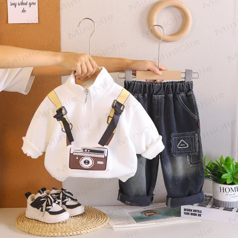 Toddler Boy Cartoon Camera Print Half Zip Sweatshirt and Denim Pants 2-piece Set - White - 4-5T - image 2