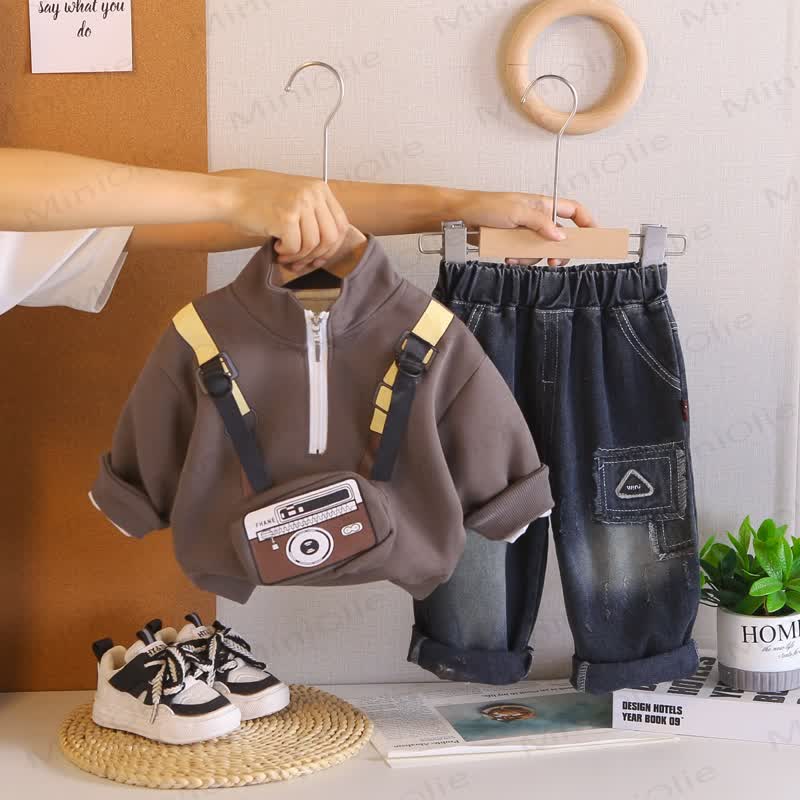 Toddler Boy Cartoon Camera Print Half Zip Sweatshirt and Denim Pants 2-piece Set - Gray - 4-5T - image 5