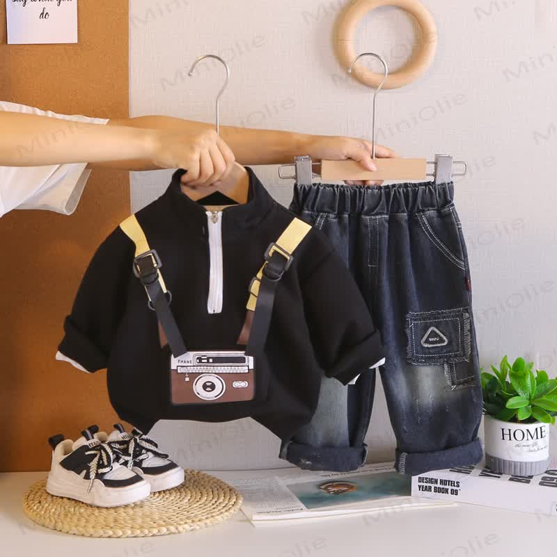 Toddler Boy Cartoon Camera Print Half Zip Sweatshirt and Denim Pants 2-piece Set - Black - 4-5T - image 3