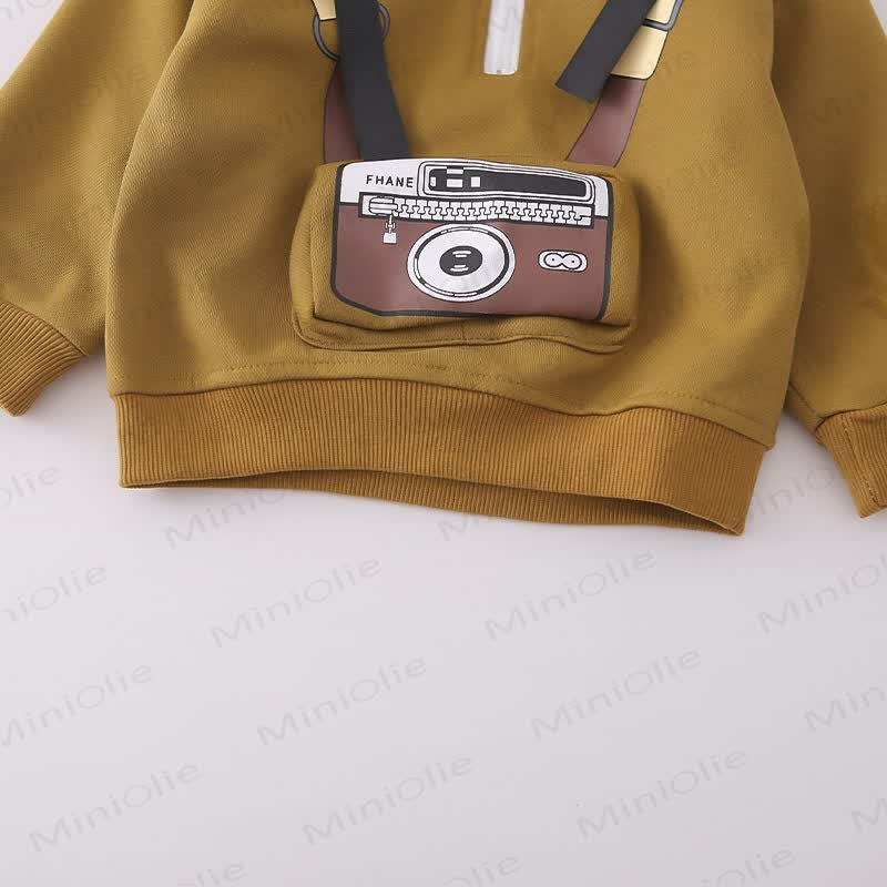 Toddler Boy Cartoon Camera Print Half Zip Sweatshirt and Denim Pants 2-piece Set - image 9