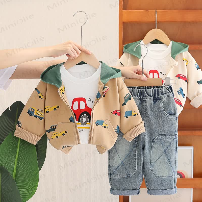 Toddler Baby Boy Car Print Hooded Jacket and Denim 3-piece Set - image 1